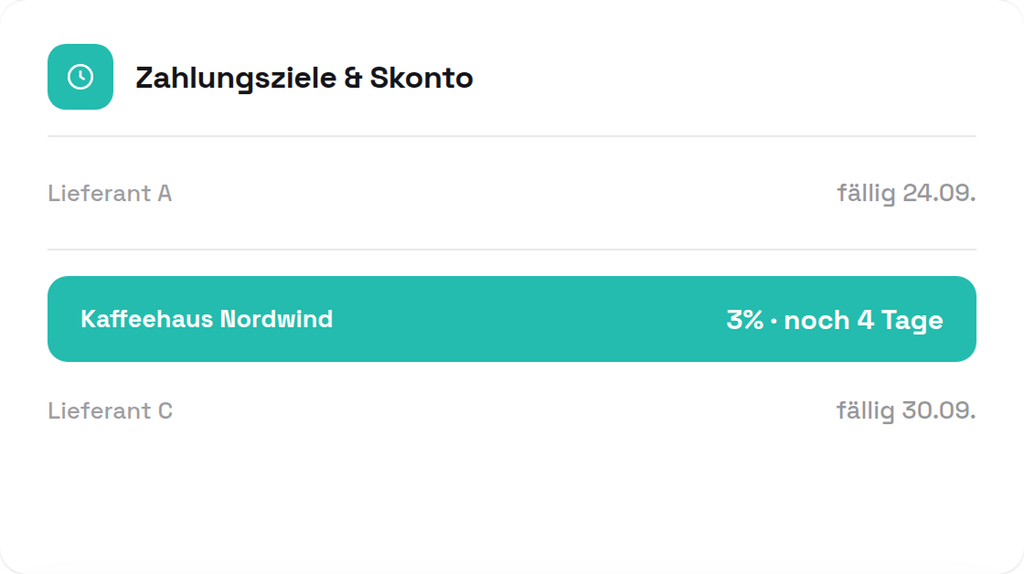 Fälligkeiten mehrerer Lieferanten im Überblick, ein Skontovorteil von 3 % wird hervorgehoben.